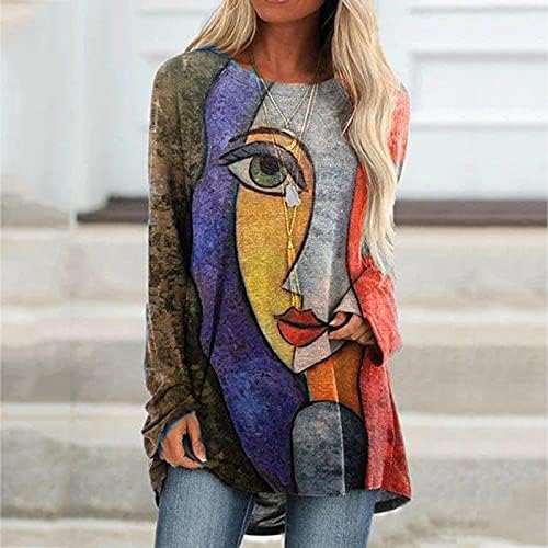 POTO kadın Sonbahar Tunik Tops Uzun Kollu T-Shirt Moda Baskı Grafik Tees Yuvarlak Boyun Yumuşak Rahat Kazak Bluz