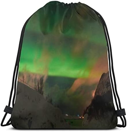 Aurora Borealis yeşil kuzey ışıkları ipli sırt çantası su dayanıklı dize çanta spor Sackpack spor çuval erkek kadın