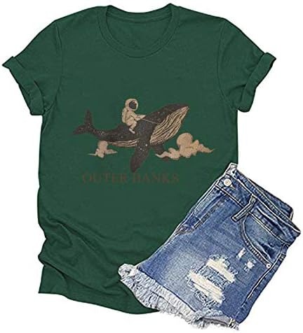 Tenworld B Gömlek Kadınlar ıçin Grafik Tees Vintage Deniz Tema Astronot Balık Dış Bankalar Mektup Baskı T-Shirt Tops