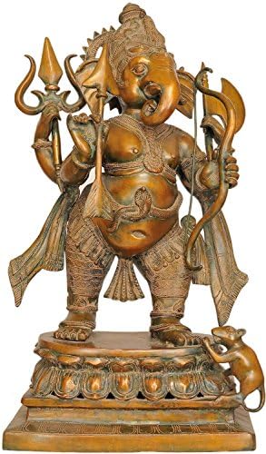 AapnoCraft Vintage Ayakta Ganesha Heykeli-Büyük Nadir Pirinç Ganesh Heykel Lotus Ganpati Savaşçı Poz Dini ve Düğün Hediyeleri