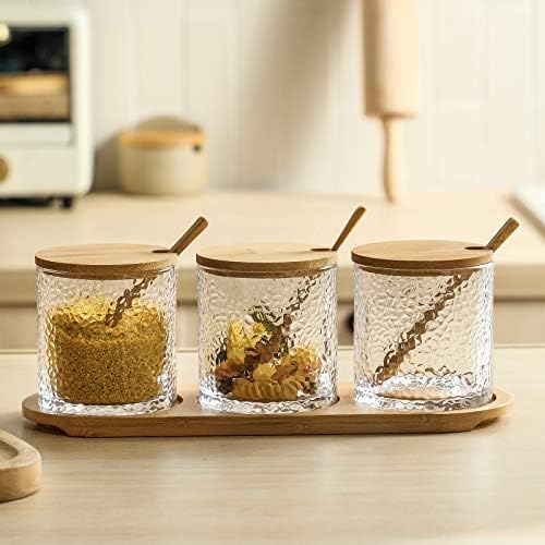 Bambu Kapaklı ve Kaşıklı Omita Çeşni Kapları 3'lü set, Şeker, Çay, Kahve, Baharat, Yemek Servisi için Muti Fonksiyonlu Yuvarlak