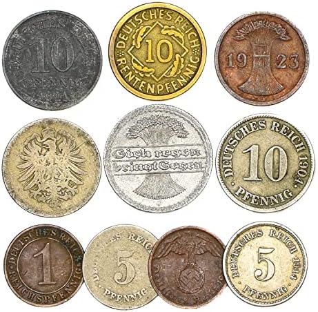 10 DEUTSCHES Reich Paraları 1871-1945: Alman İmparatorluğu, Weimar, Nazi Almanyası I. Dünya Savaşı 2.Dünya Savaşı. Koleksiyon