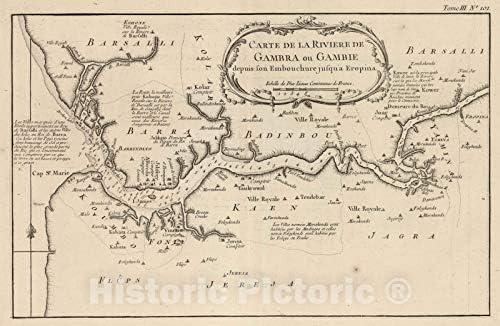 Tarihi Harita: Senegal; Gambiya, Batı Afrika 1764 Carte De La Riviere De Gambra ou Gambie: Depuis Son Embouchure jusqua Eropina,
