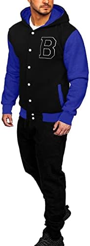 WYBAXZ Patchwork Eşofman Mens ıçin, renk Blok Düğme Kapşonlu Casual Tişörtü Beyzbol Sweatpants 2 Parça Kıyafetler Set