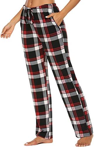 Ekouaer Kadın dinlenme pantolonu Rahat Pijama Alt Cepler ıle Streç Ekose Pijama İpli Pj Dipleri Pantolon