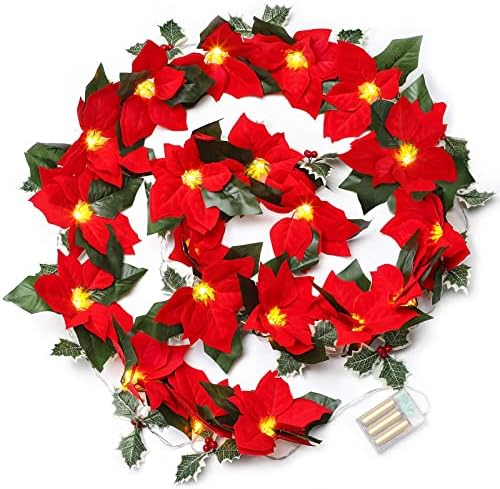 9.8 ft Noel Poinsettia Garland dize ışık yapay Poinsettia dize ışık 20 Led kadife çiçek dize ışık Noel ağacı çelenk dekor,