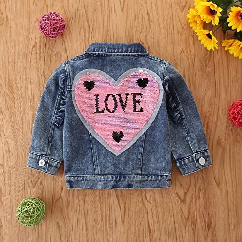 Yürüyor Çocuk Bebek Kız Ceket Uzun Kollu Denim Ceket ile Kalp Şekilli Pullu Jean Ceket Güz Bahar Dış Giyim 1-5 Yıl