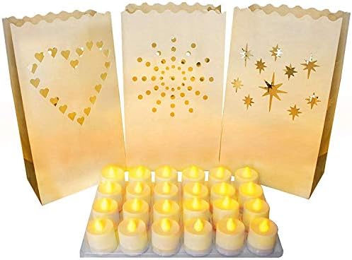 LED Çay Işıklı Mumlarla Armatür Torbaları ( 24 Paket) - 26,5 x 15 cm Dekoratif Mum Torbaları Doğum Günü, Cadılar Bayramı, Sokak