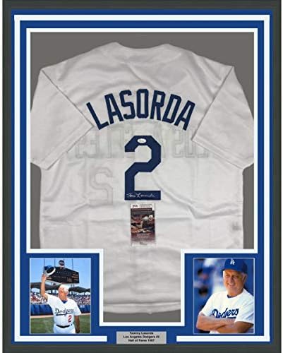 Çerçeveli İmzalı / İmzalı Tommy Tom Lasorda 33x42 Los Angeles LA Beyaz Beyzbol Forması JSA COA