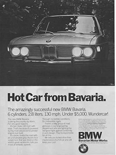 3 Dergi Basılı reklam ve makale seti: 1971 BMW Bavyera, Bavyera'dan Sıcak Araba.6 Silindir. 2,8 Litre. saatte 130 mil. 5.000