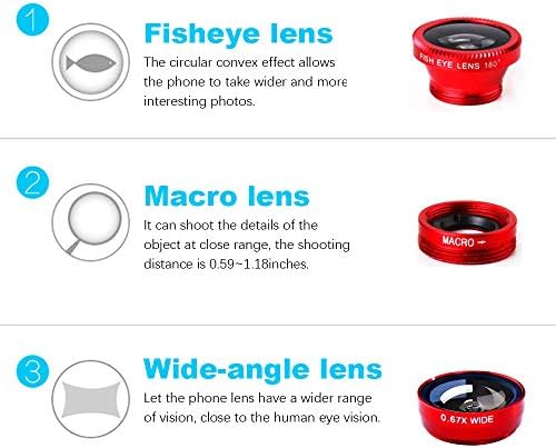 3 in 1 Cep Telefonu Kamera Lens Kiti Geniş Açı Makro Balıkgözü Lens Evrensel Akıllı Telefonlar için iPhone Samsung Android(Kırmızı)