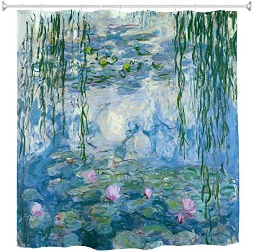 Ev Dekor Duş Perdesi Nilüferler Claude Monet Yağlıboya Çiçekler Su Geçirmez Dayanıklı, kumaş Banyo Dekor 12 Kanca ile Set,