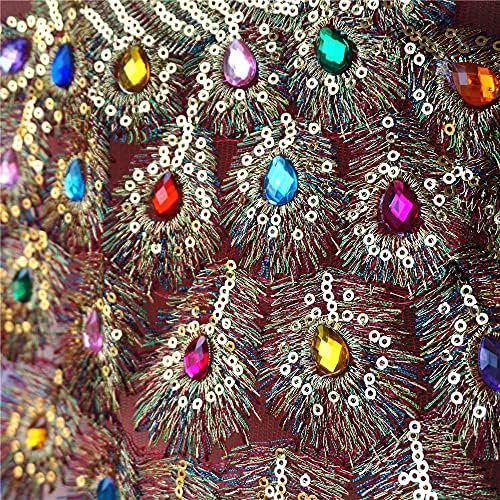 GYZCZX Pullu Peacock Gökkuşağı Rhinestone Tüy Kuyruk Işlemeli Elbise Aplikler Dantel Kumaş Kırmızı Örgü Dikiş Yama Düğün Dekorasyon