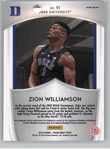 2019-20 Prizm Taslak Haçlı Seferi Gümüş Prizm Basketbol 51 Zion Williamson Duke Mavi Şeytanlar Resmi NCAA Ticaret Kartı Panini