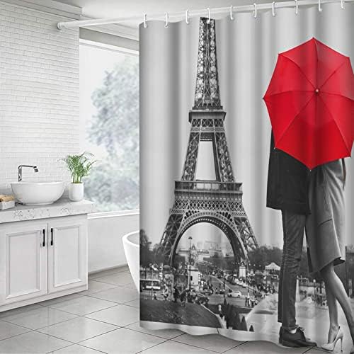 Innopics Vintage Stil Siyah ve Beyaz Duş Perdesi Retro Eyfel Kulesi Banyo Dekor Paris Çift Kırmızı Şemsiye Resim Baskı Polyester