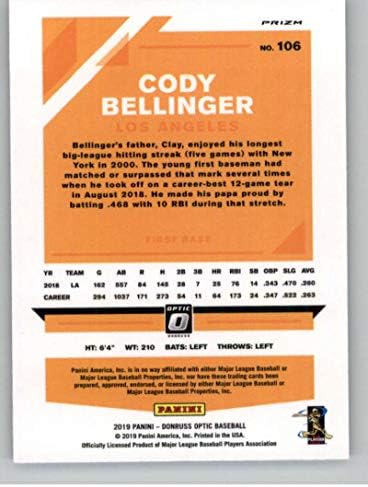 2019 Donruss Optik Gümüş Holo Prizm Beyzbol 106 Cody Bellinger Los Angeles Dodgers Resmi MLBPA Ticaret Kartı Panini Amerika'dan