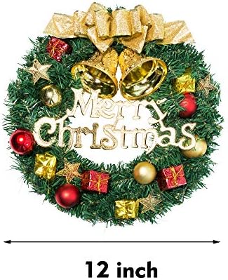 Fanng Merry Christmas Çelenkler Kırmızı İlmek ile 12 inç El Yapımı Noel Çelenk, altın Çan ve Kapalı Açık Kapı Duvar Süsleme