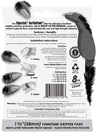 Slipstick GorillaPads CB149 Kaymaz Mobilya Pedleri / Kauçuk Tutucular (8'li Set) Kendinden Yapışkanlı Mobilya Ayakları Zemin