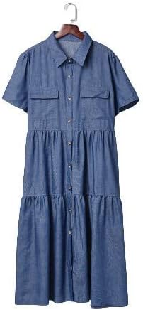 Kadın Yaka yaka Maxi Denim elbise Vintage kısa Kollu Jean T-Shirt Elbiseler Düğme Yukarı Shift Denim Dresse