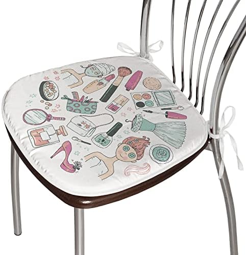 Lunarable Makyaj Sandalye Minderi, Güzellik ve Bakım Ürünleri Yüz Kozmetik Allık Doodle ile Kadın, Yemek Odası Mutfak Koltukları