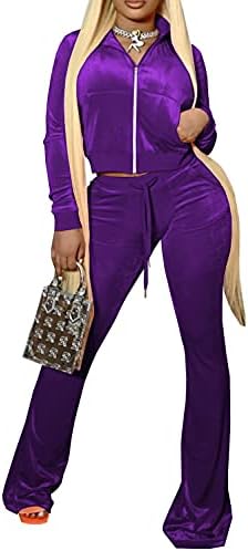 Natsuki Kadife Sweatsuits Kadınlar için 2 Parça Kıyafet Seti Kırpma Üst Ceket Flared Uzun Pantolon ile Cep