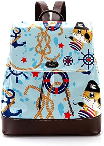Komik Korsan Kedi Denizcilik Çapa Pusula Moda omuzdan askili çanta Sırt Çantası PU Deri Kadın Kızlar Bayanlar Sırt Çantası