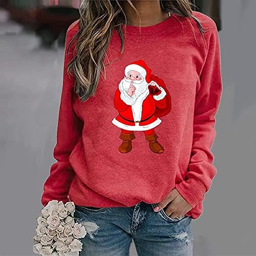 Noel Uzun Kollu Gömlek Kadınlar için Trendy Komik Noel Baba Baskı Crewneck Tişörtü Gevşek Fit Güz Kazak Üst