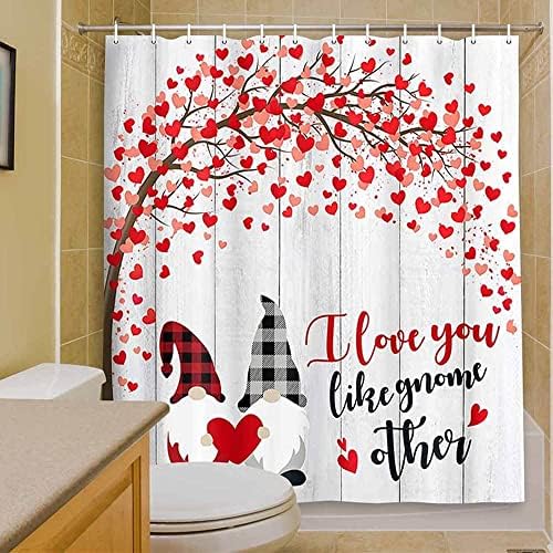 Romantik sevgililer Günü Duş Perdesi, Gnome Çift Kırmızı Kalp Ağacı Banyo Perdeleri, rustik Çiftlik Evi Kumaş Duş Perdeleri