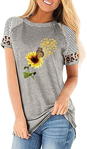 Dosoop Womens Kısa Kollu Ayçiçeği Grafik Çizgili Leopar Baskı Şerit Renk Blok Casual Crewneck T Shirt Tuinc Tops