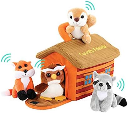 Çocuklar için Kır Evi Taşıyıcılı Peluş Orman Hayvanları-5pc-Konuşan Hayvan İnteraktif Oyuncak Seti-Doldurulmuş Baykuş, Rakun,